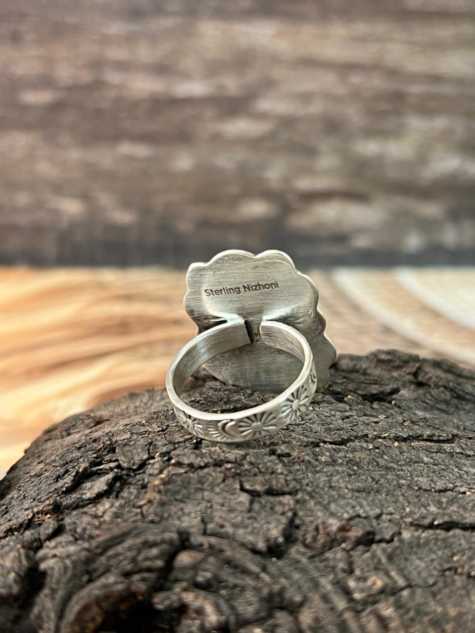 Handmade Sterling Silver Sonoran Cobble Collection: Sonoran Mountain Turquoise Adjustable Ring "Signed Nizhoni"