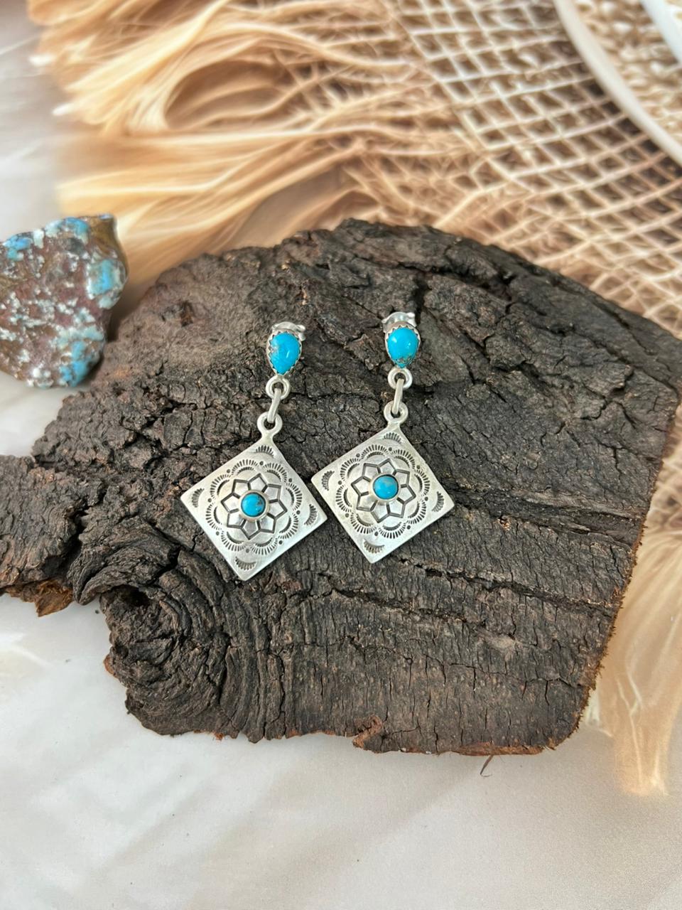 Handmade Sterling Silver Kingman Turquoise Post Dangle Earrings "Signed Nizhoni"