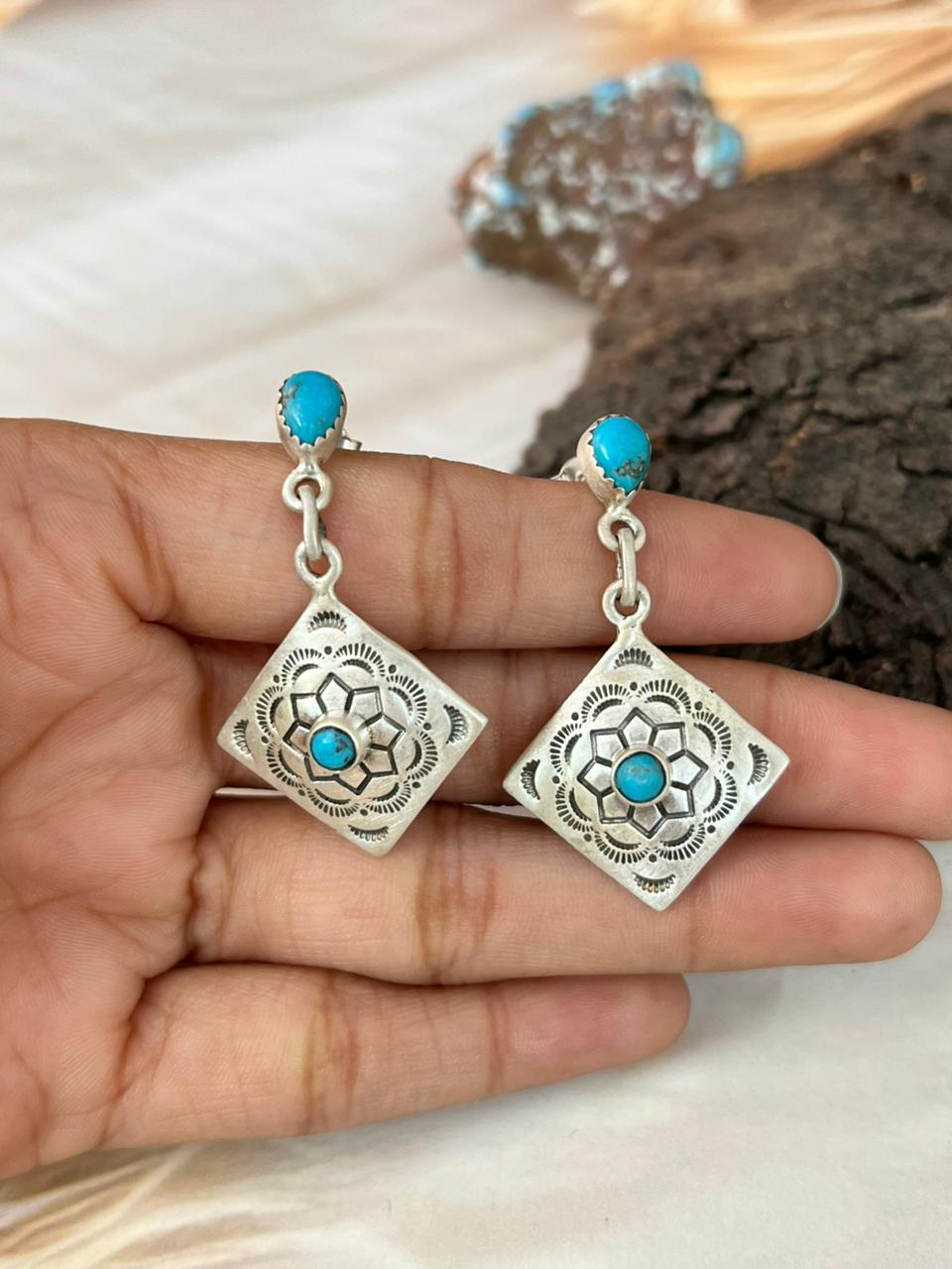 Handmade Sterling Silver Kingman Turquoise Post Dangle Earrings "Signed Nizhoni"