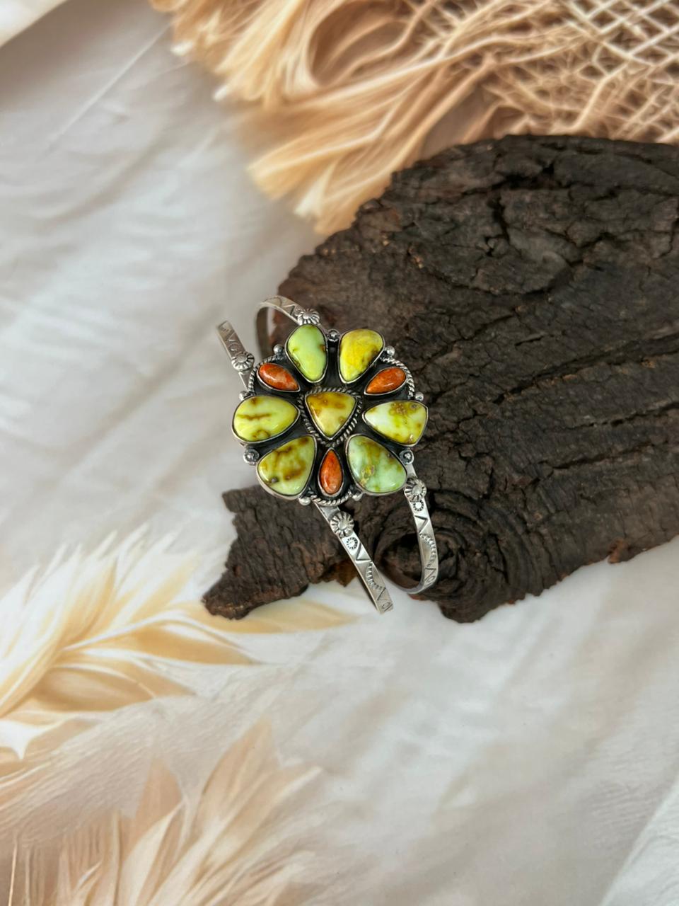Handmade Sterling Silver Palomino Turquoise with Orange Mojave Cuff Bracelet "Signed Nizhoni"