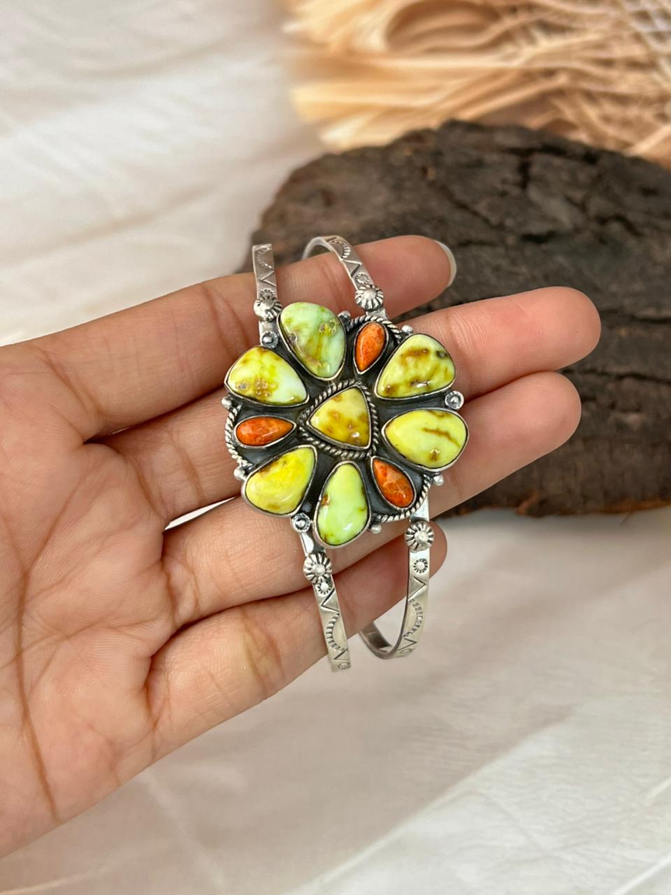 Handmade Sterling Silver Palomino Turquoise with Orange Mojave Cuff Bracelet "Signed Nizhoni"