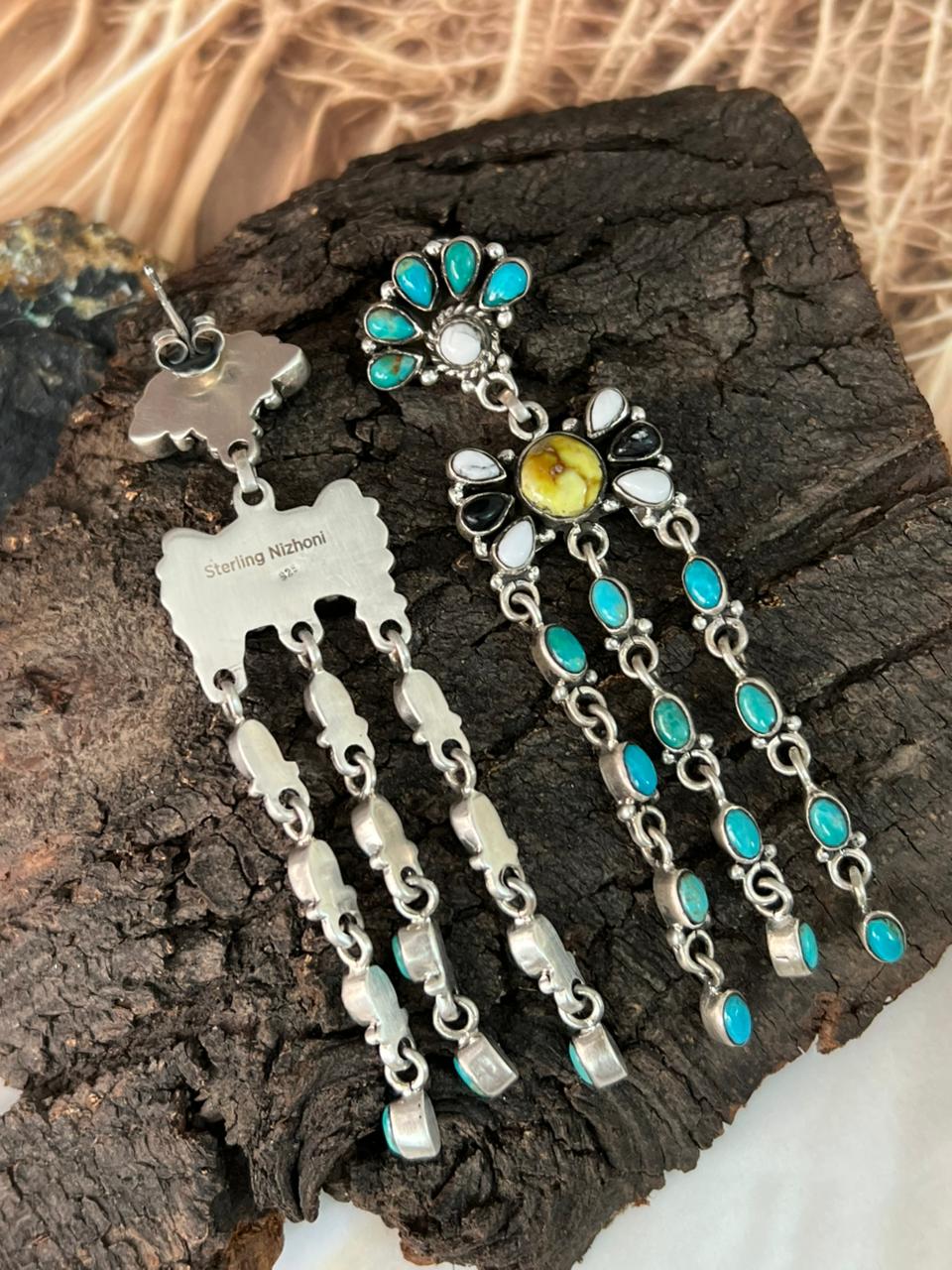 Handmade Sterling Silver Palomino with Kingman Turquoise and White Buffalo Post Dangle Earrings "Signed Nizhoni"
