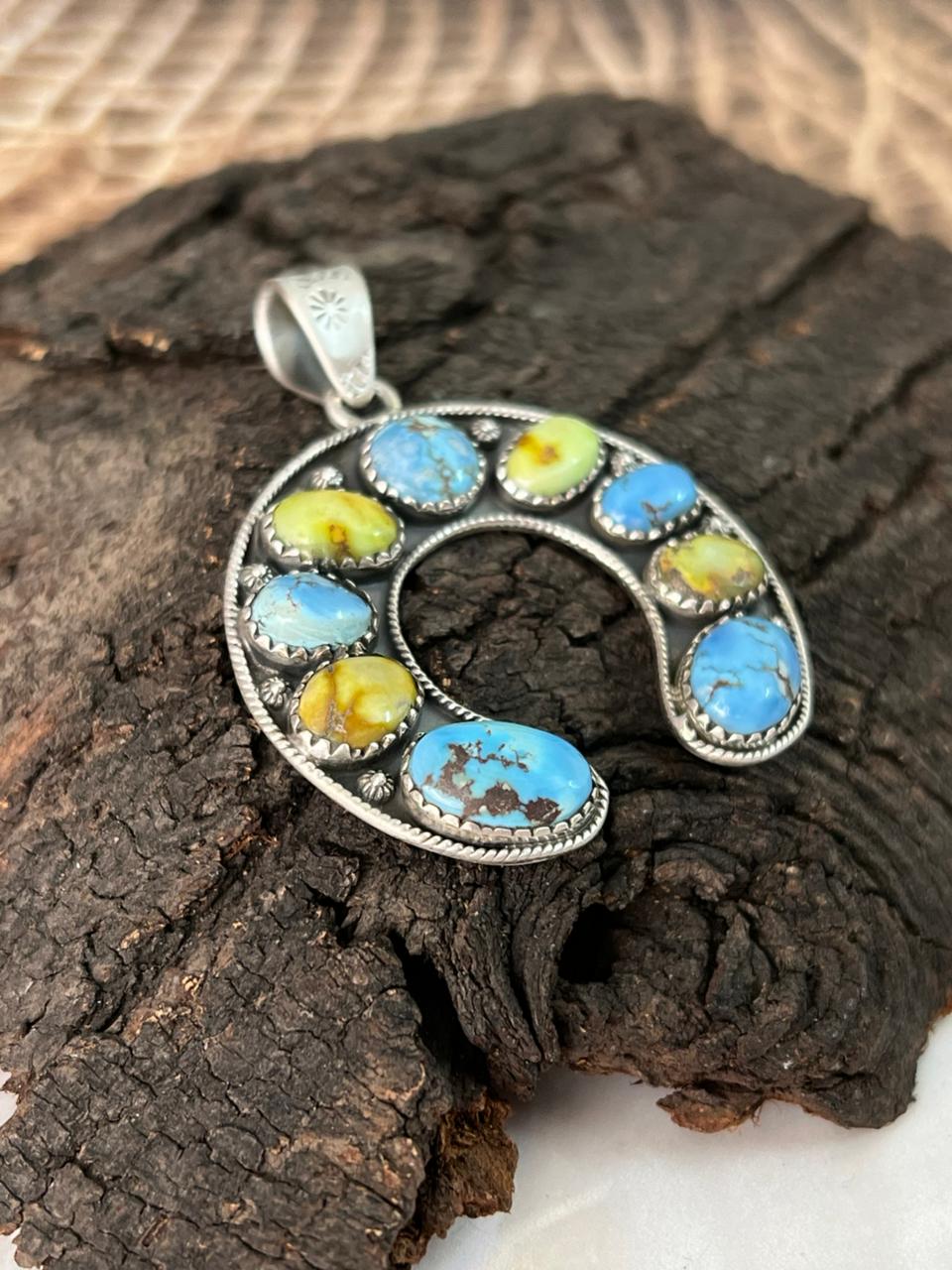 Handmade Sterling Silver Golden Hills with Palomino Turquoise Naja Pendant "Signed Nizhoni"