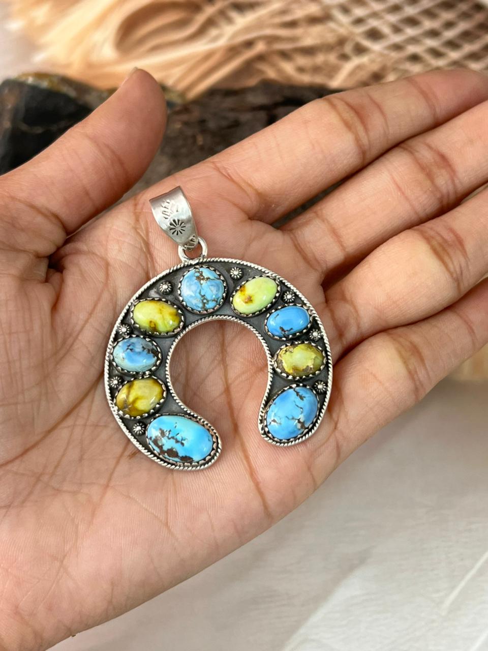 Handmade Sterling Silver Golden Hills with Palomino Turquoise Naja Pendant "Signed Nizhoni"