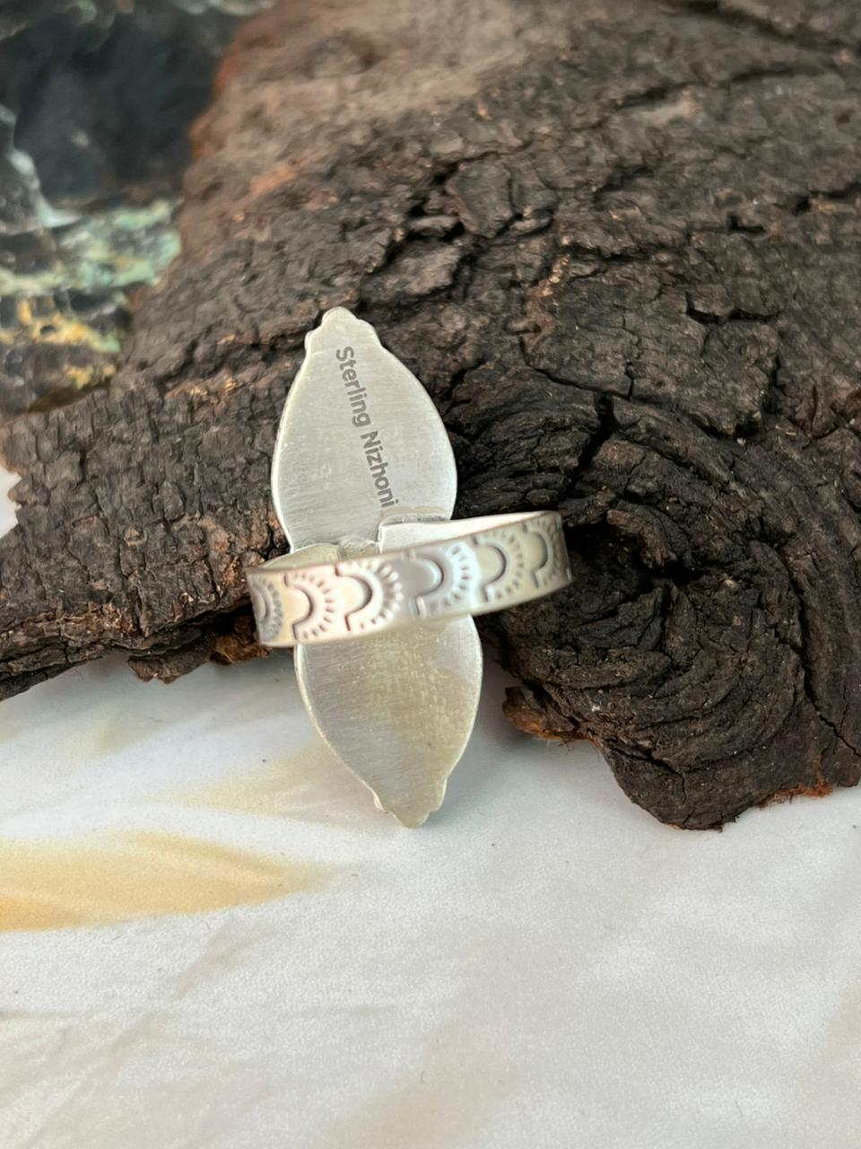 Handmade Sterling Silver Sonoran Mountain with Sierra Bella Turquoise Adjustable Ring "Signed Nizhoni"