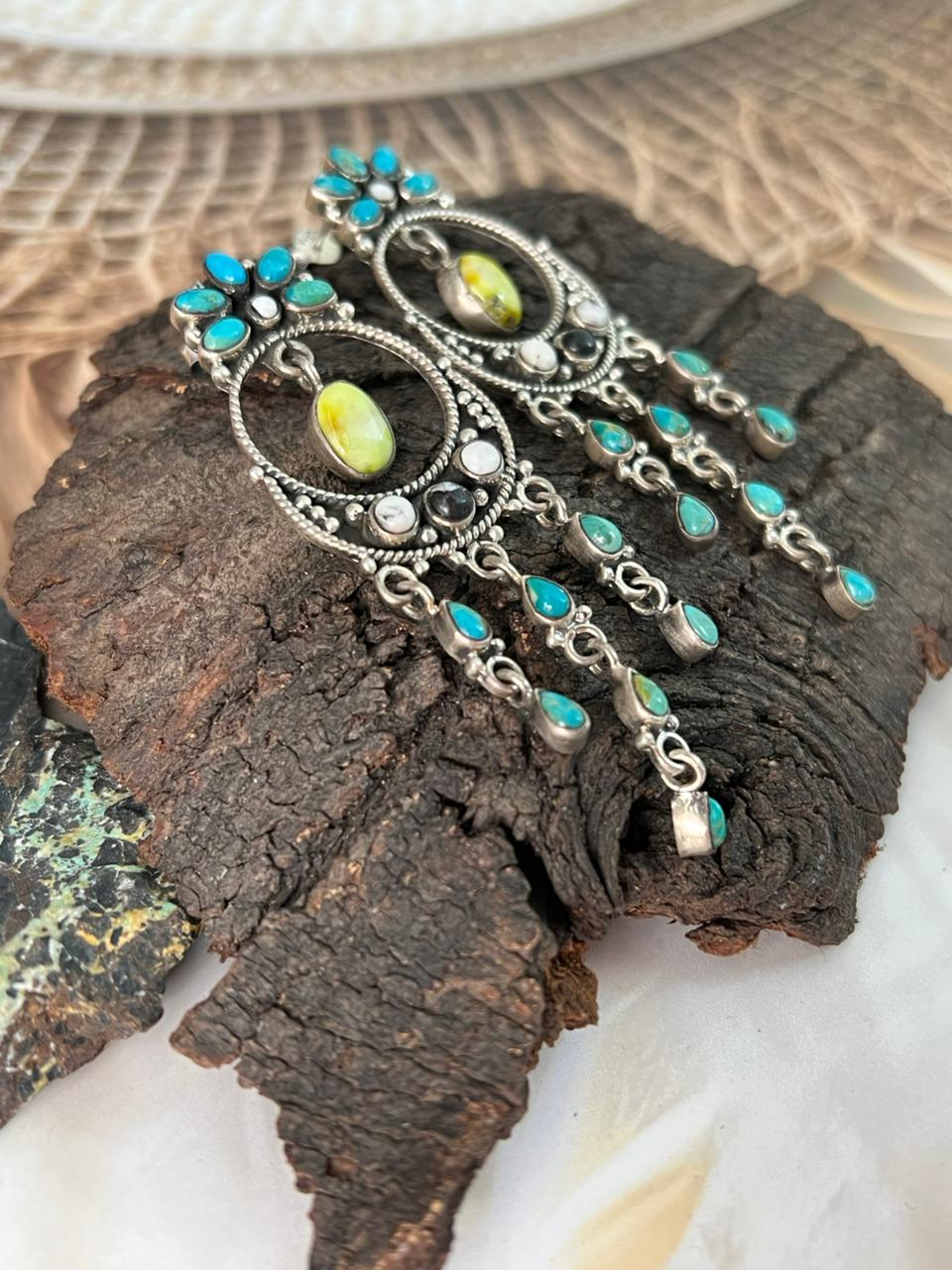 Handmade Sterling Silver Palomino with Kingman Turquoise and White Buffalo Post Dangle Earrings "Signed Nizhoni"