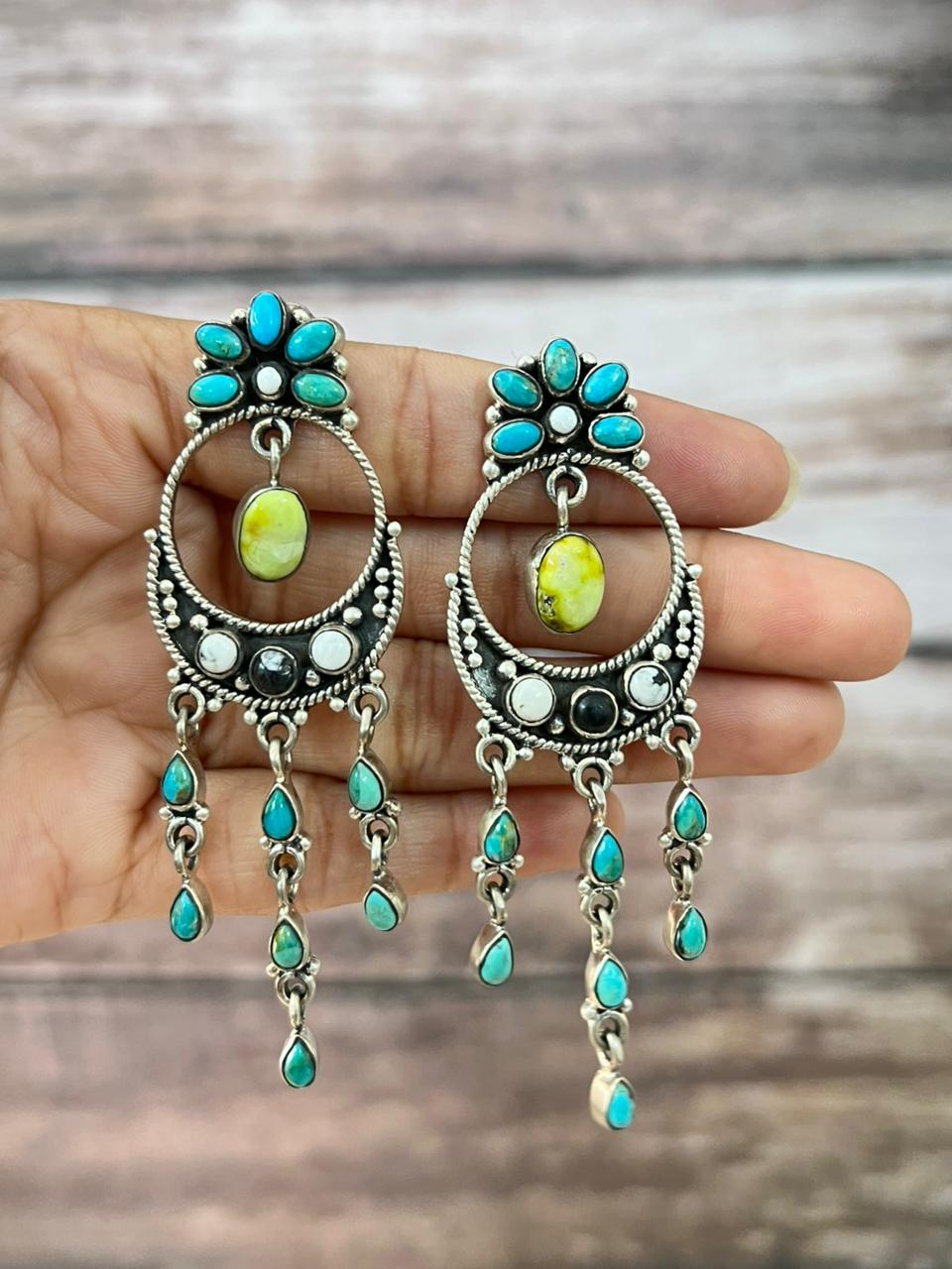 Handmade Sterling Silver Palomino with Kingman Turquoise and White Buffalo Post Dangle Earrings "Signed Nizhoni"