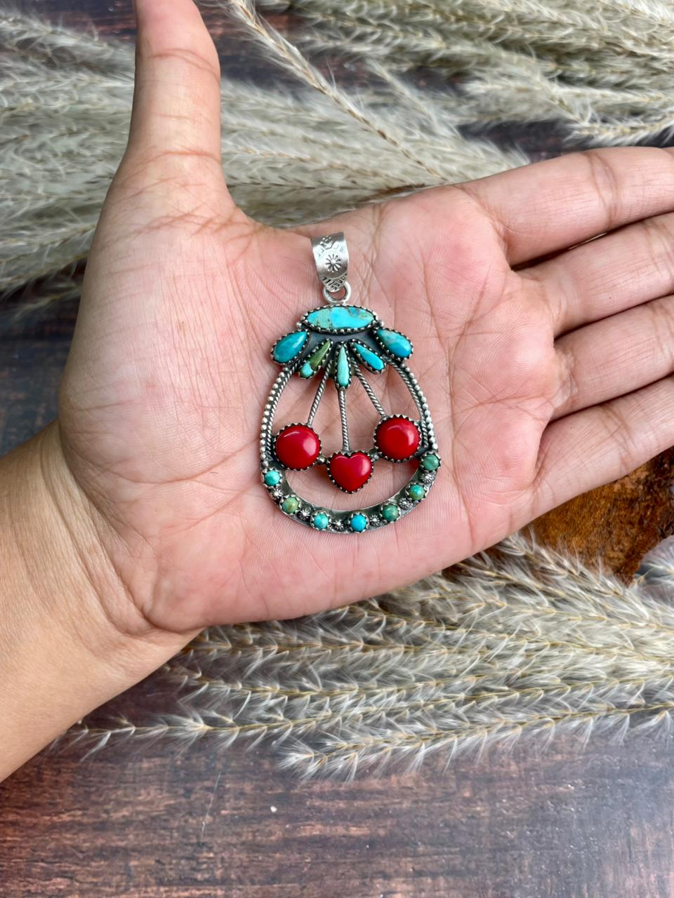 Handmade Sterling Silver Kingman with Rosarita and Sonoran Mountain Turquoise Cherry Pendant "Signed Nizhoni"