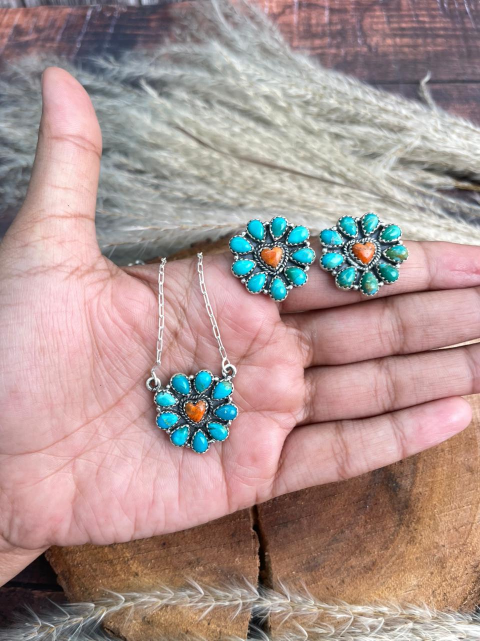Handmade Sterling Silver Kingman Turquoise with Orange Mojave Necklace Earrings Set "Signed Nizhoni"
