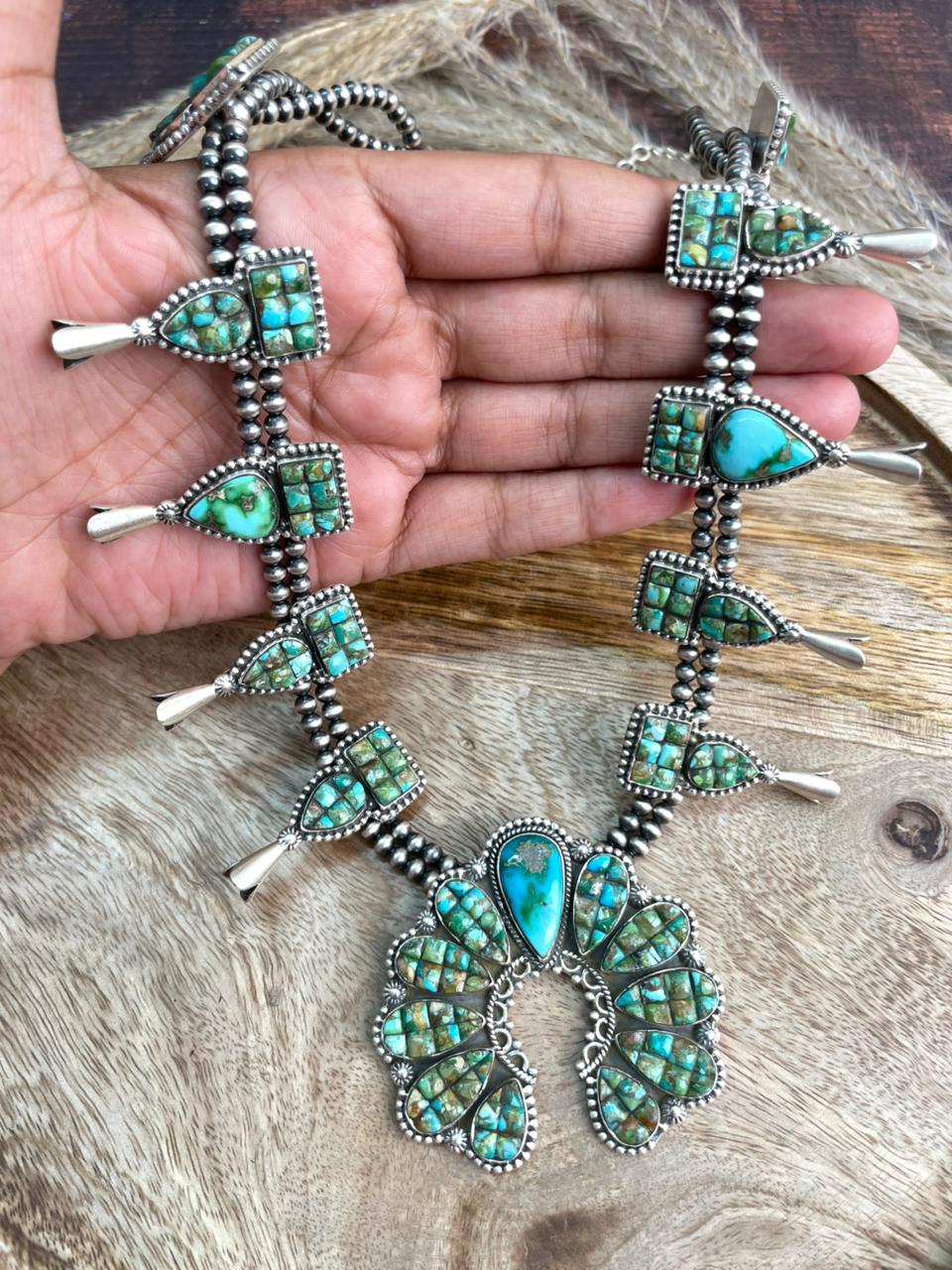 Handmade Sterling Silver Sonoran Cobble Collection: Sonoran Mountain Turquoise Squash Blossom Beaded Necklace "Signed Nizhoni"