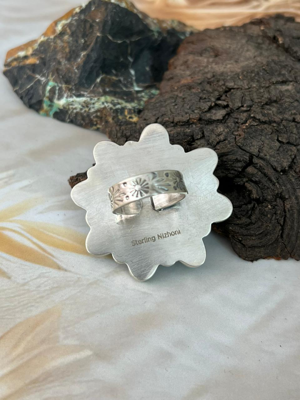 Handmade Sterling Silver Sonoran Cobble Collection: Sonoran Mountain Turquoise Adjustable Ring "Signed Nizhoni"