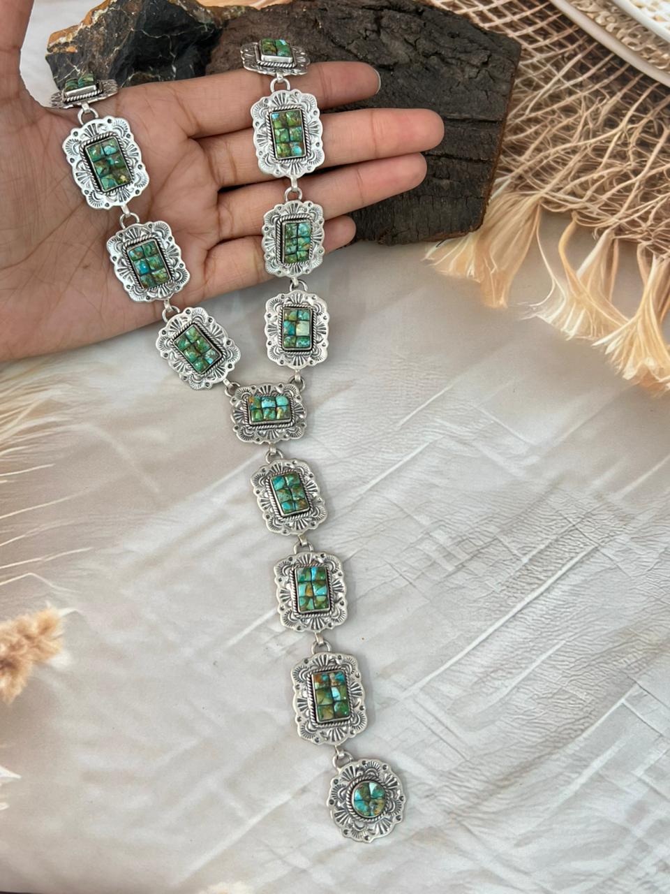 Handmade Sterling Silver Sonoran Cobble Collection: Sonoran Mountain Turquoise 'Y Shaped' Necklace "Signed Nizhoni"