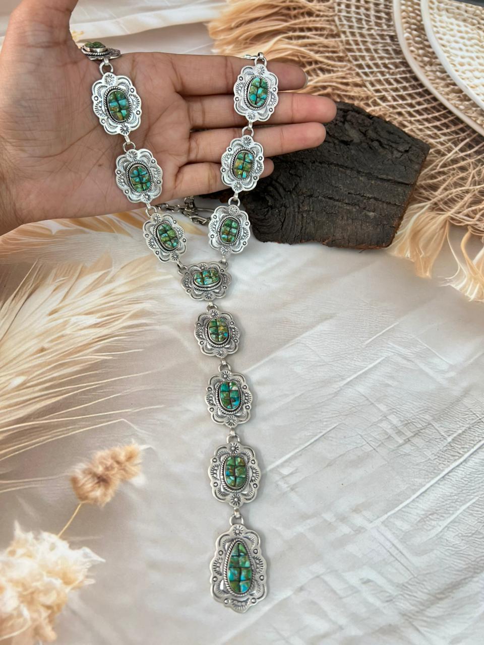 Handmade Sterling Silver Sonoran Cobble Collection: Sonoran Mountain Turquoise 'Y Shaped' Necklace "Signed Nizhoni"