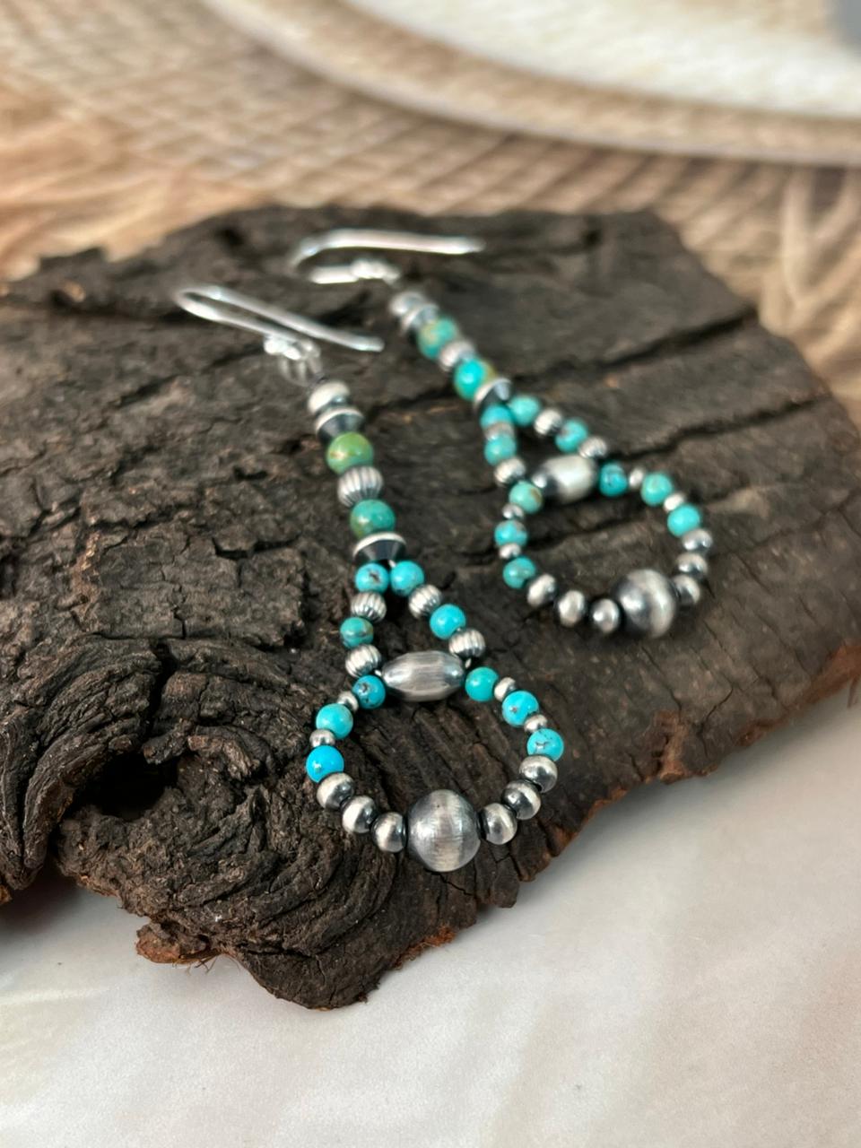 Handmade Sterling Silver Kingman Turquoise Hook Dangle Beaded Earrings