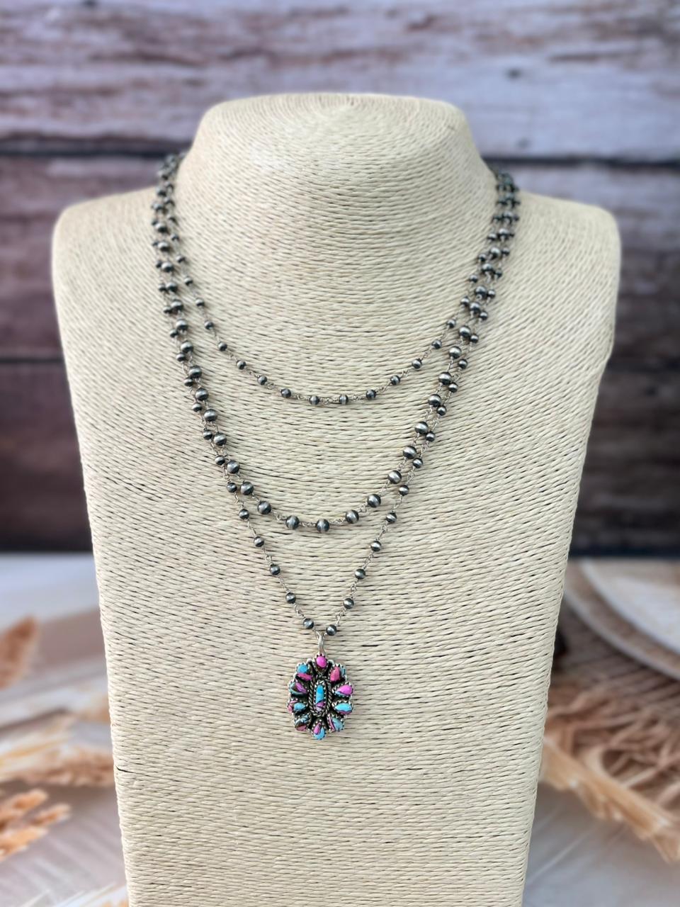 Handmade Sterling Silver Cotton Candy Layerd Beaded Necklace "Signed Nizhoni"