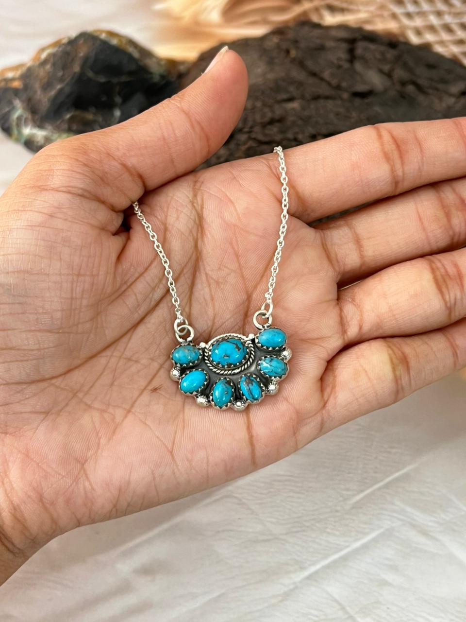 Handmade Sterling Silver Blue Kingman Turquoise Necklace "Signed Nizhoni"