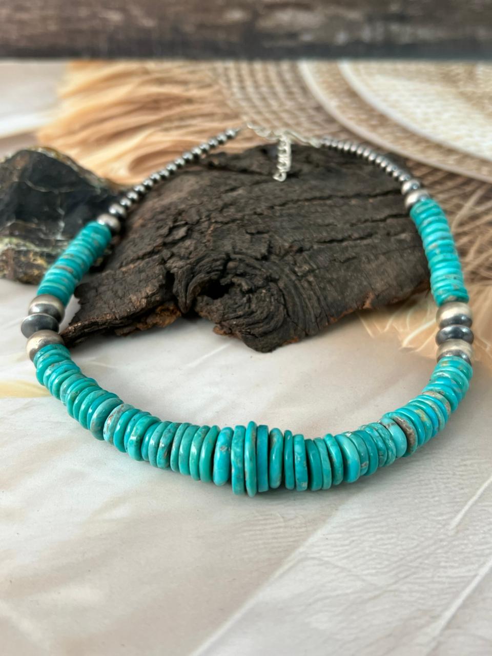 Handmade Sterling Silver Kingman Turquoise Beaded Necklace "Signed Nizhoni"