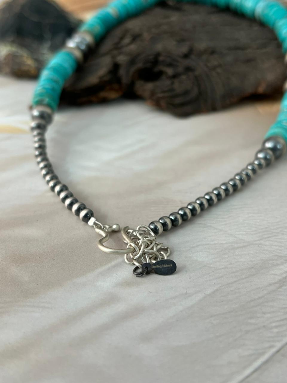 Handmade Sterling Silver Kingman Turquoise Beaded Necklace "Signed Nizhoni"