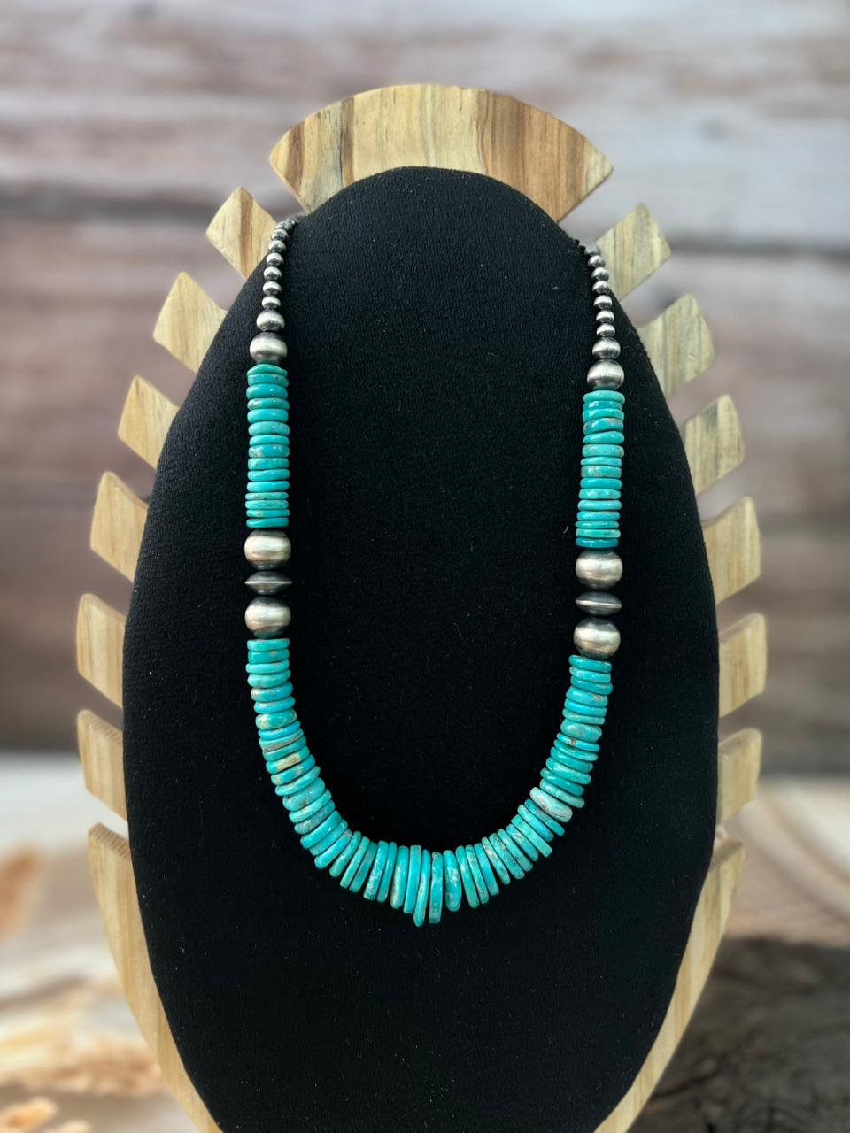 Handmade Sterling Silver Kingman Turquoise Beaded Necklace "Signed Nizhoni"