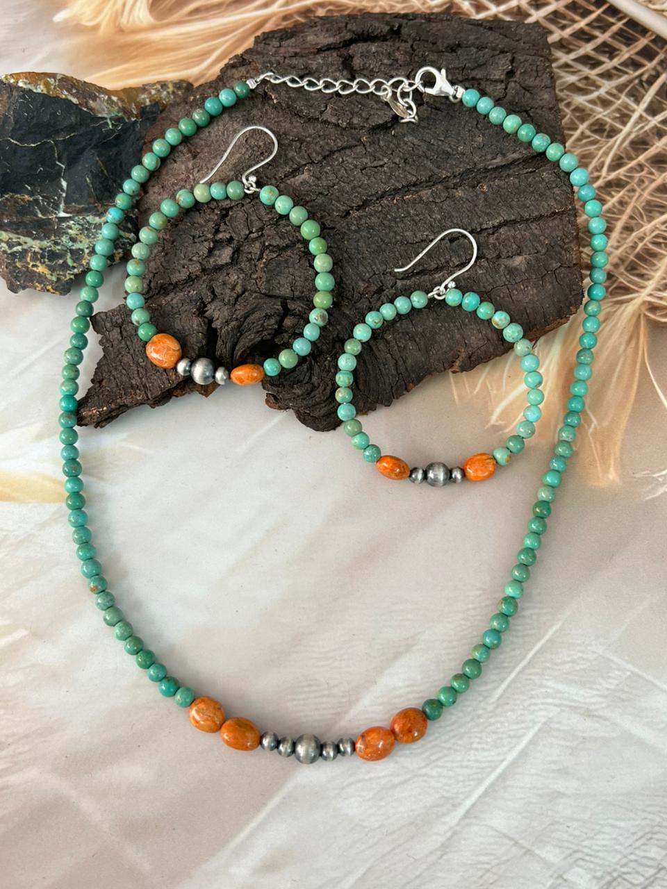 Handmade Sterling Silver Kingman Turquoise with Orange Mojave Beaded Necklace Earrings Set "Signed Nizhoni"