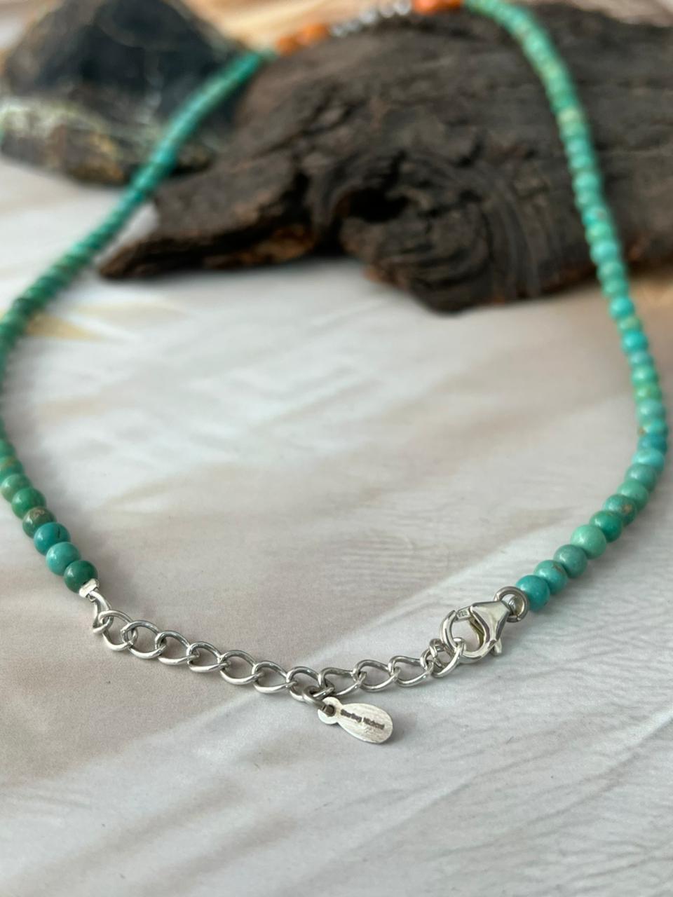 Handmade Sterling Silver Kingman Turquoise with Orange Mojave Beaded Necklace Earrings Set "Signed Nizhoni"