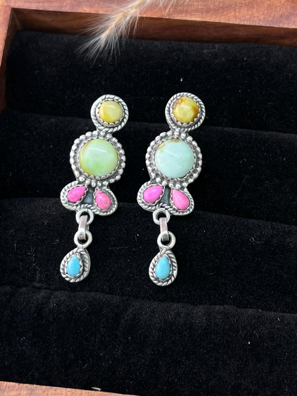 Handmade Sterling Silver Palomino Turquoise with Cotton Candy Post Dangle Earrings "Signed Nizhoni"