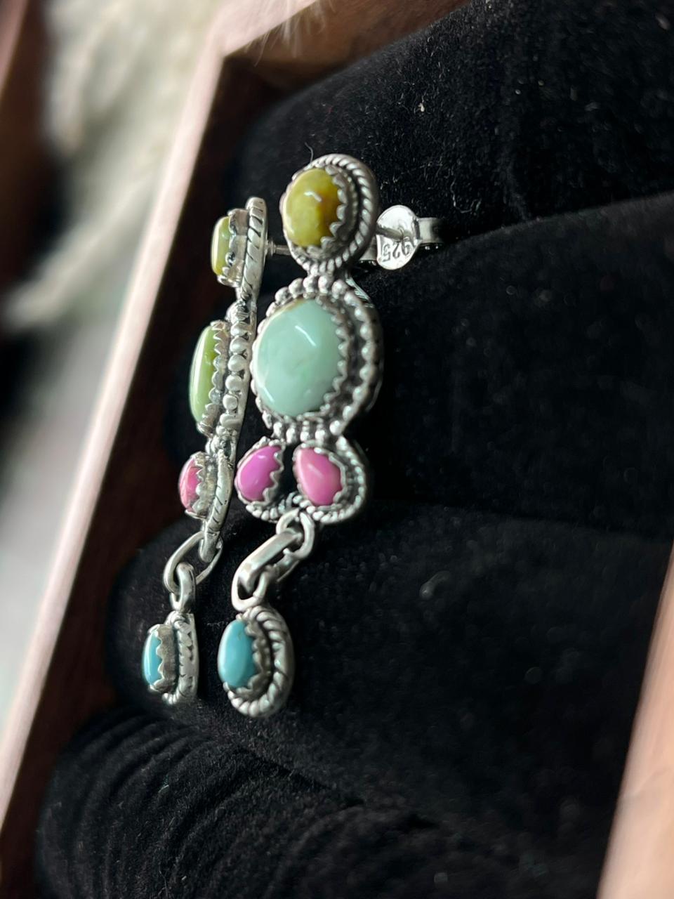 Handmade Sterling Silver Palomino Turquoise with Cotton Candy Post Dangle Earrings "Signed Nizhoni"