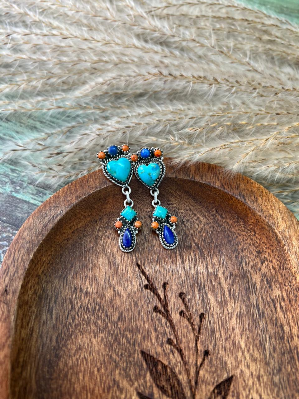 Handmade Sterling Silver Kingman Turquoise with Lapis and Coral Post Dangle Earrings "Signed Nizhoni"