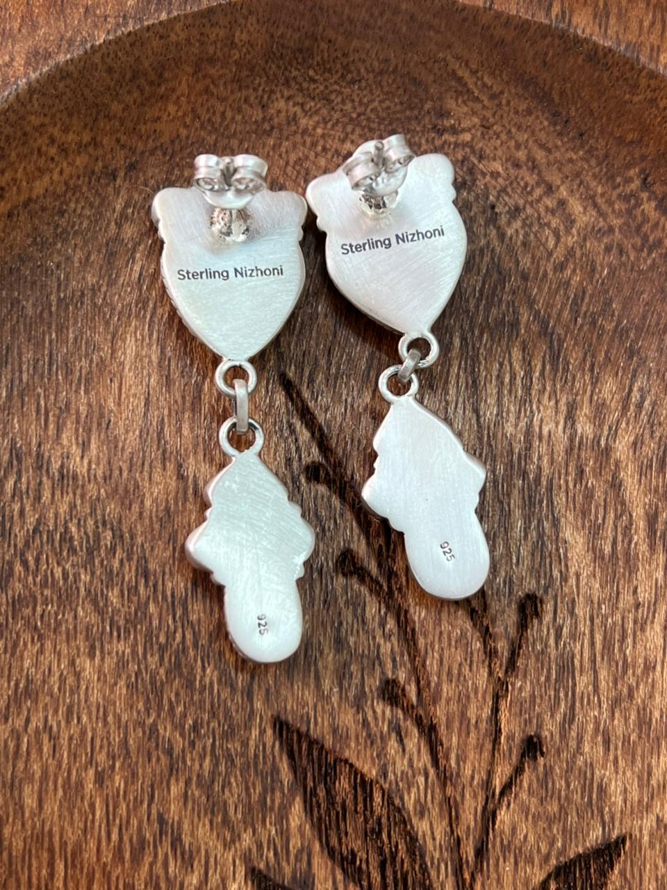 Handmade Sterling Silver Kingman Turquoise with Lapis and Coral Post Dangle Earrings "Signed Nizhoni"