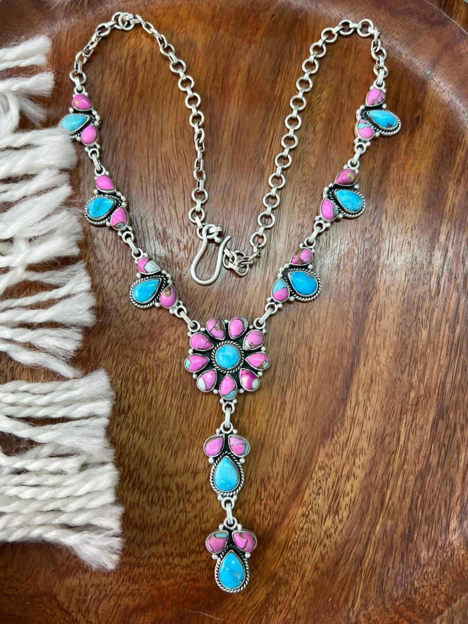 Handmade Sterling Silver Sierra Bella Turquoise with Cotton Candy Necklace "Signed Nizhoni"