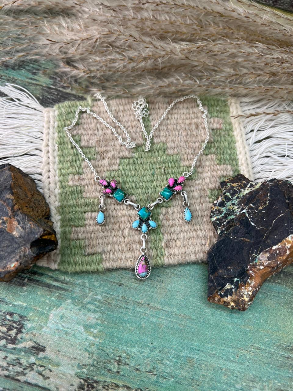 Handmade Sterling Silver Cotton Candy with Kingman Turquoise Necklace "Signed Nizhoni"