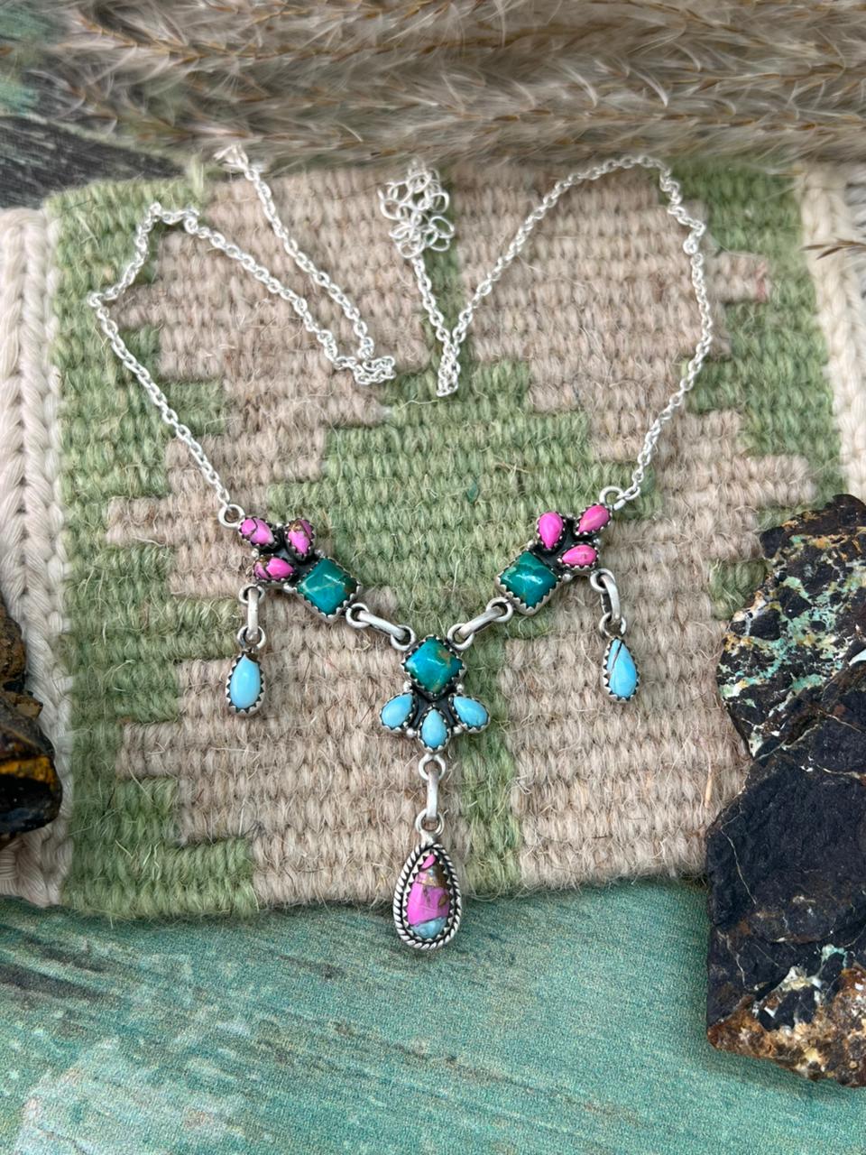 Handmade Sterling Silver Cotton Candy with Kingman Turquoise Necklace "Signed Nizhoni"
