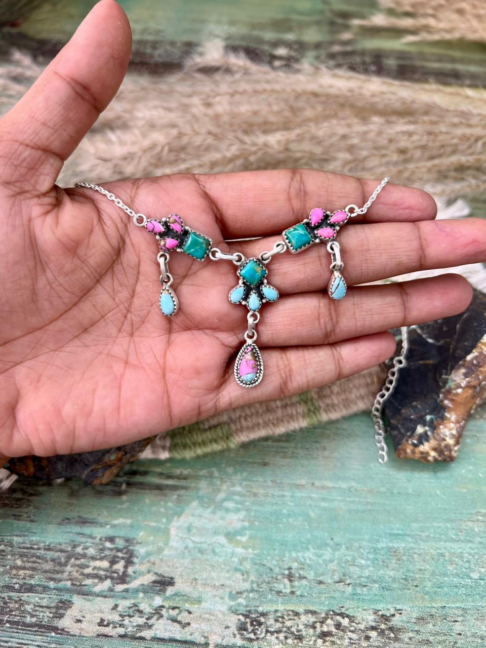 Handmade Sterling Silver Cotton Candy with Kingman Turquoise Necklace "Signed Nizhoni"