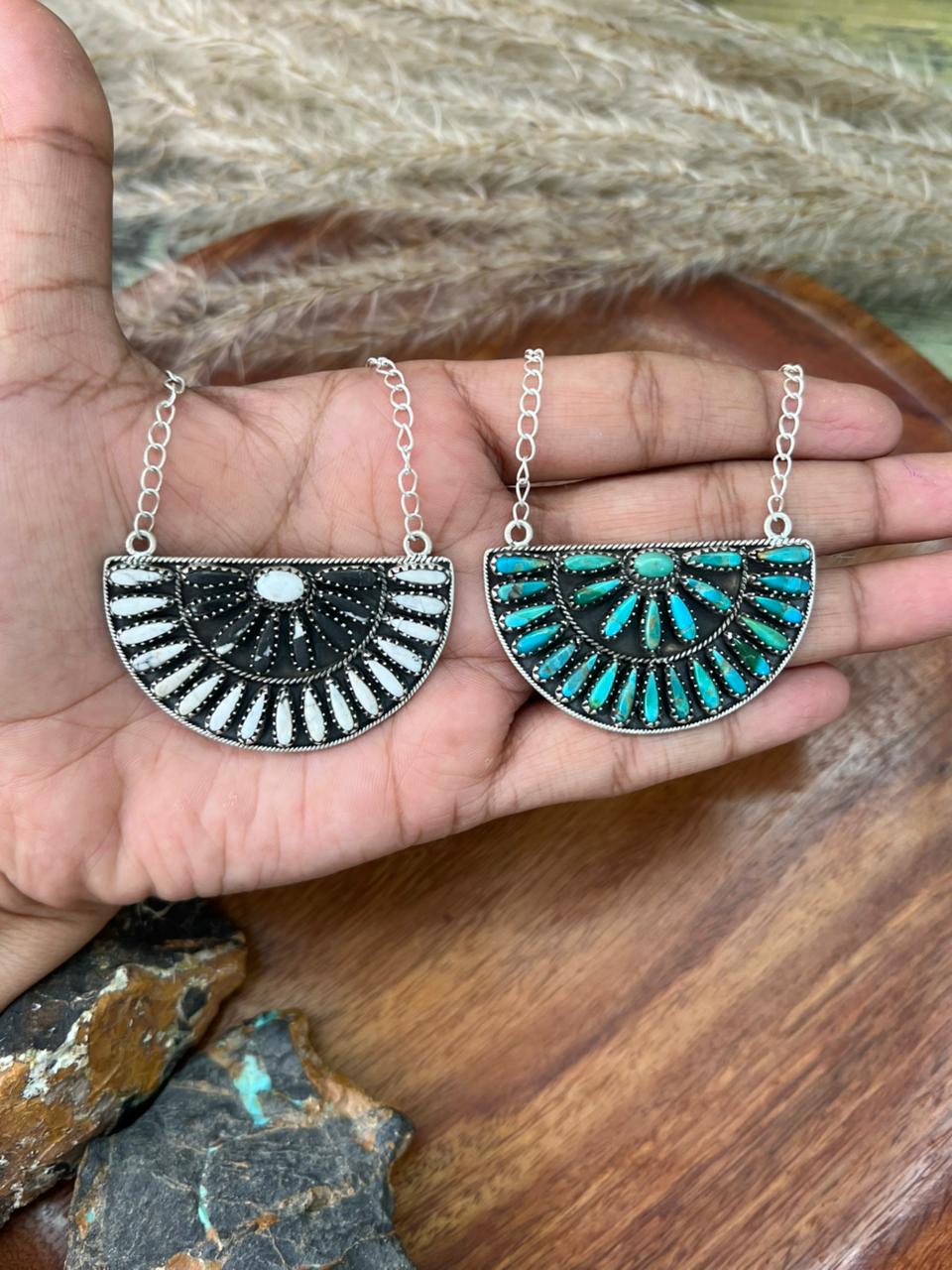 Handmade Sterling Silver Kingman Turquoise and White Buffalo Necklace "Signed Nizhoni"