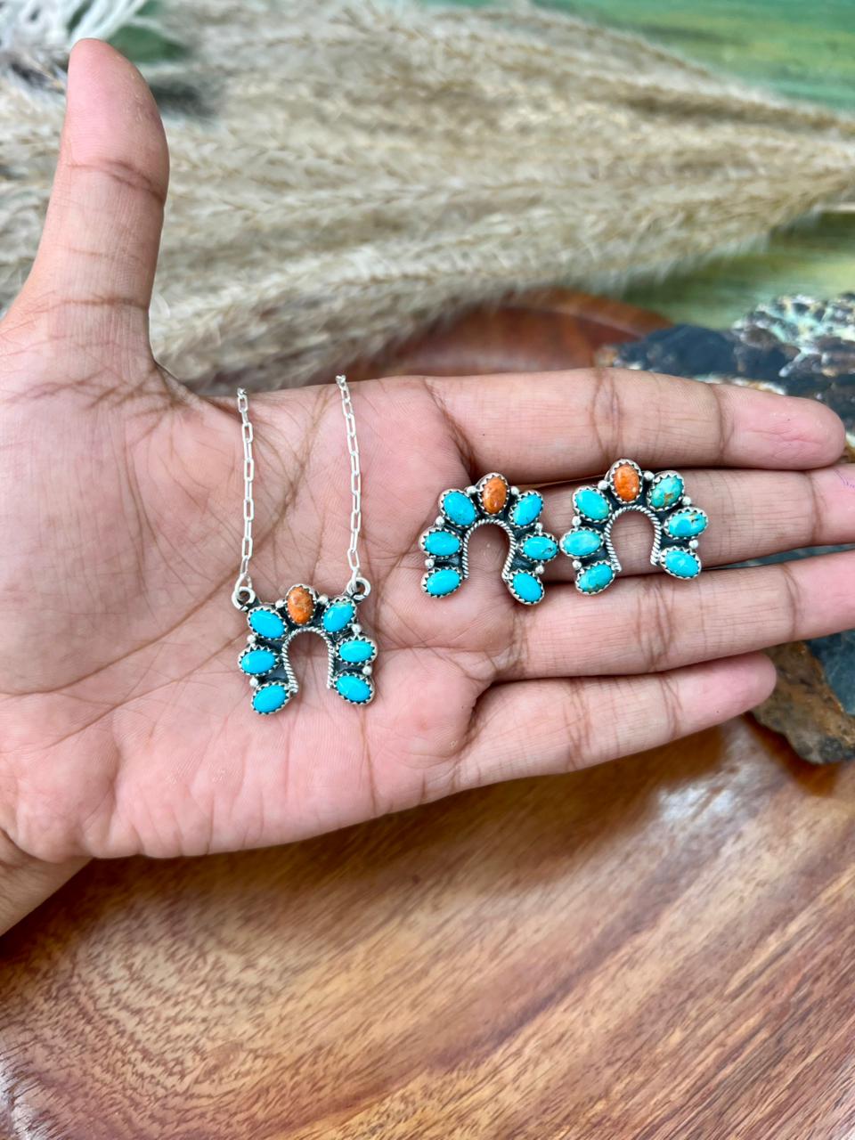 Handmade Sterling Silver Kingman Turquoise with Orange Mojave Necklace Earrings Set "Signed Nizhoni"