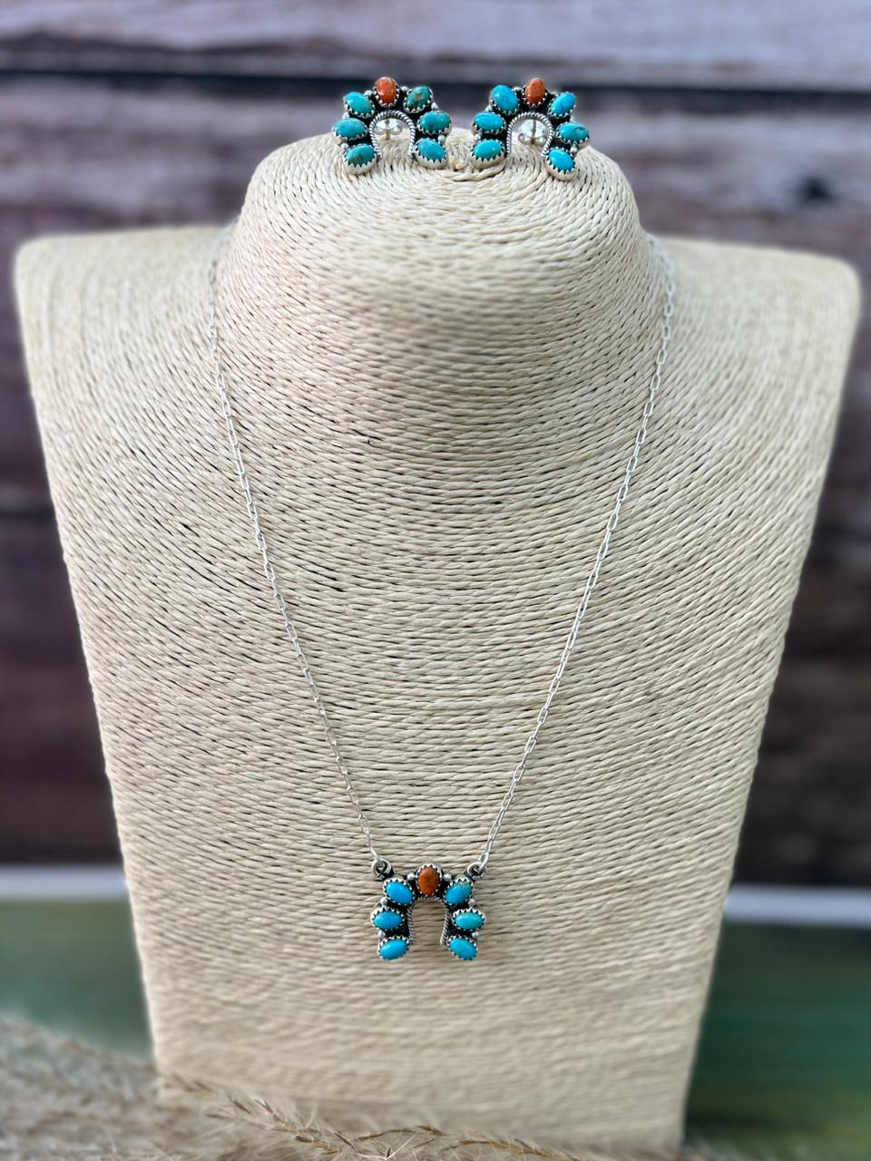 Handmade Sterling Silver Kingman Turquoise with Orange Mojave Necklace Earrings Set "Signed Nizhoni"