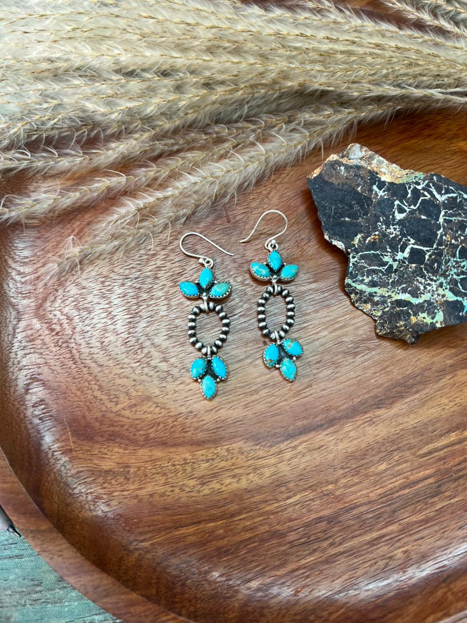 Handmade Sterling Silver Kingman Turquoise Hook Dangle Beaded Earrings "Signed Nizhoni"