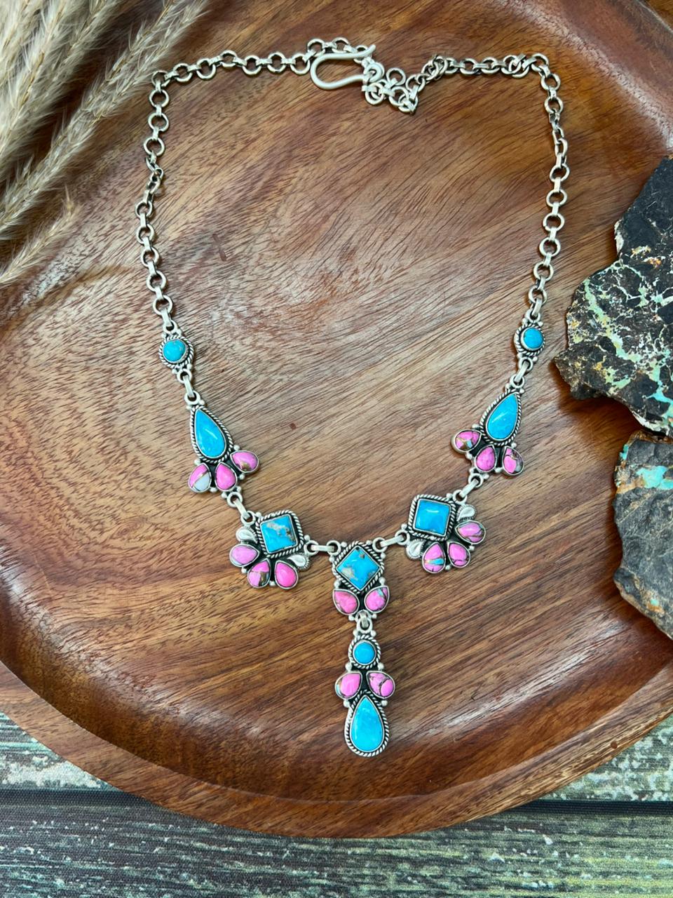 Handmade Sterling Silver Sierra Bella Turquoise with Cotton Candy Necklace "Signed Nizhoni"