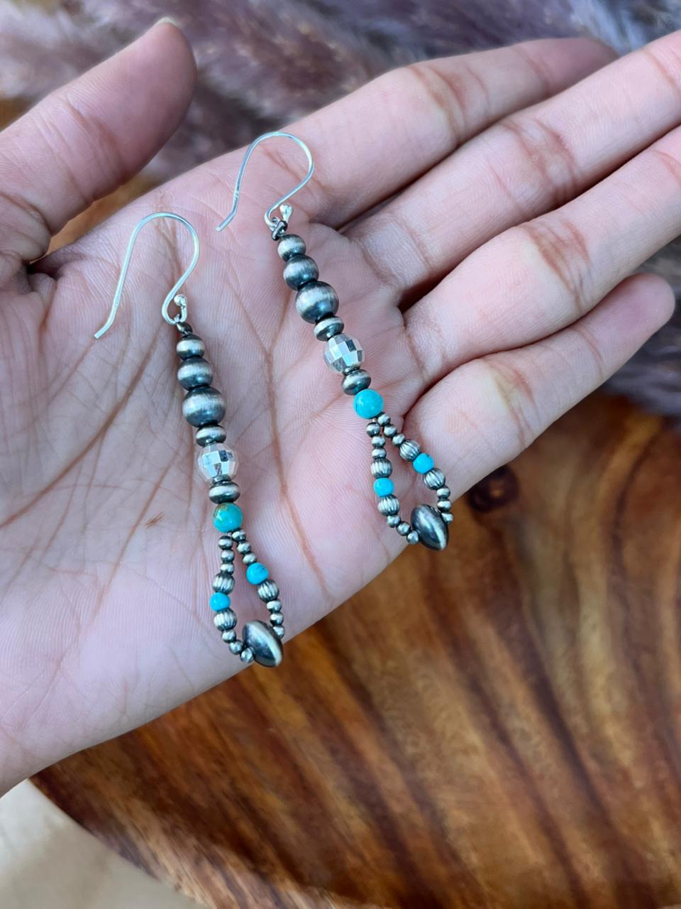Handmade Sterling Silver Kingman Turquoise Hook Dangle Disco Beaded Earrings