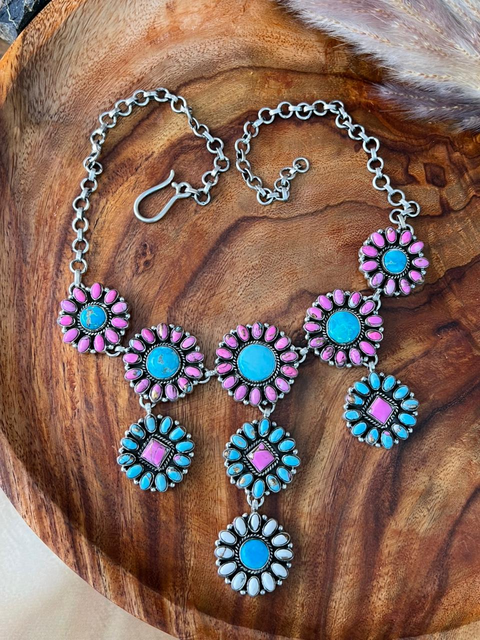 Handmade Sterling Silver Sierra Bella Turquoise with Cotton Candy Collection: Necklace "Signed Nizhoni"