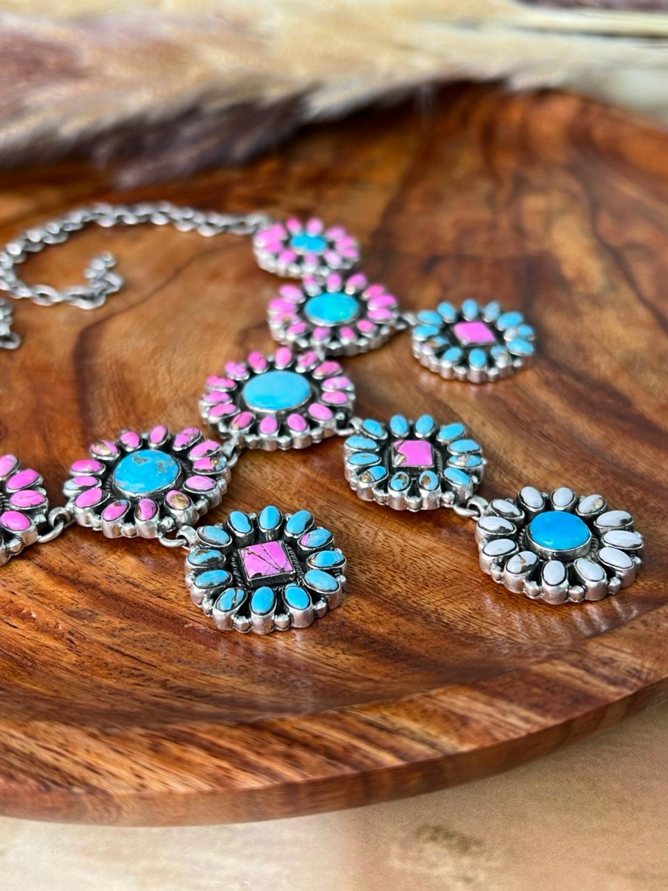 Handmade Sterling Silver Sierra Bella Turquoise with Cotton Candy Collection: Necklace "Signed Nizhoni"