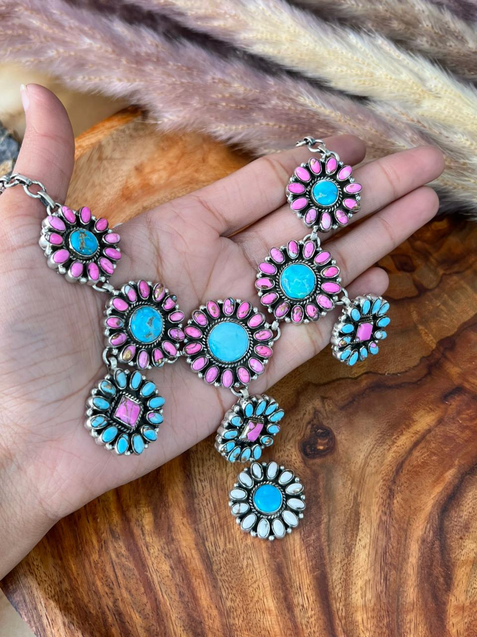 Handmade Sterling Silver Sierra Bella Turquoise with Cotton Candy Collection: Necklace "Signed Nizhoni"