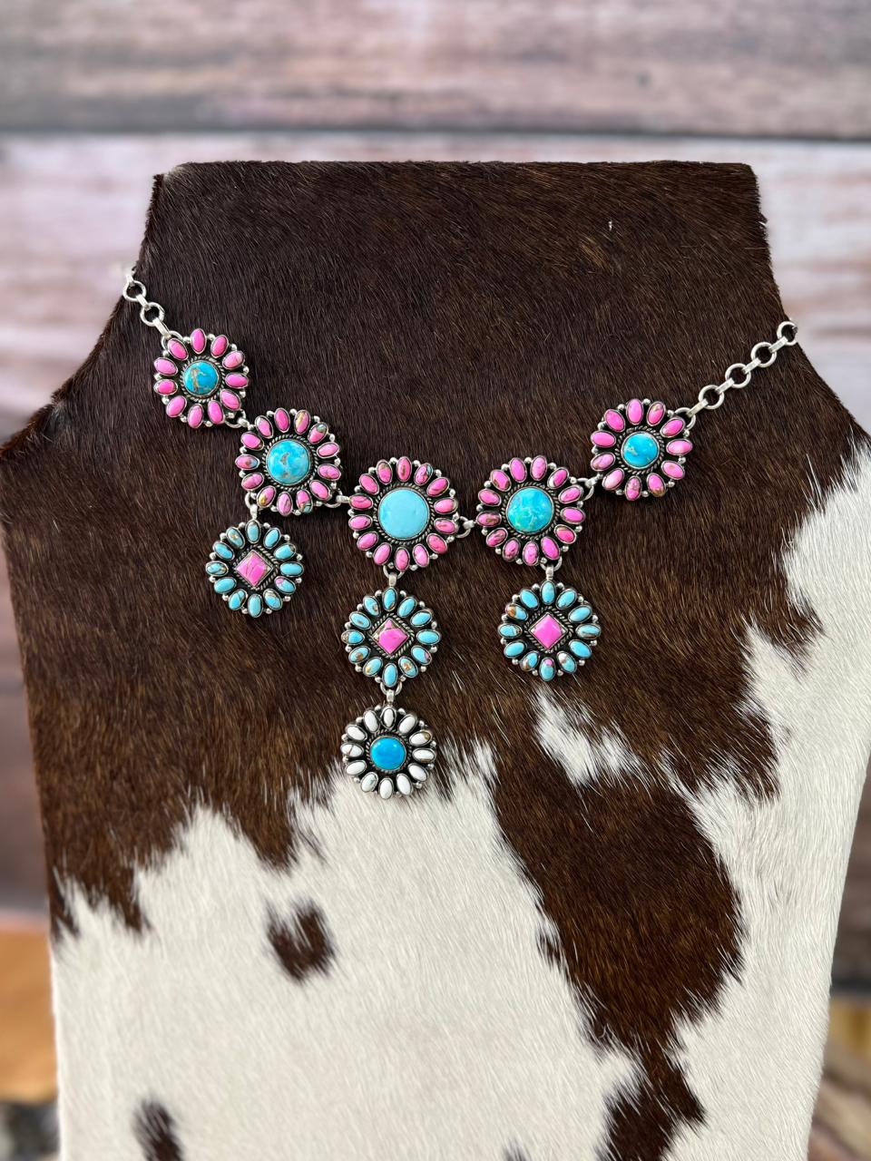 Handmade Sterling Silver Sierra Bella Turquoise with Cotton Candy Collection: Necklace "Signed Nizhoni"