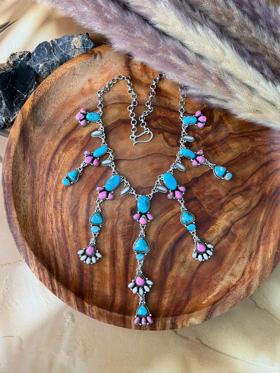 Handmade Sterling Silver Sierra Bella Turquoise with Cotton Candy Collection: Necklace "Signed Nizhoni"