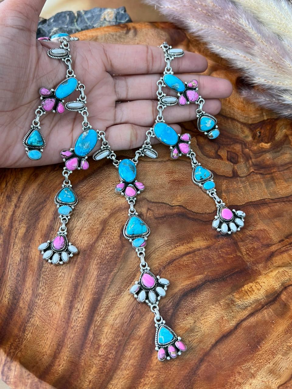 Handmade Sterling Silver Sierra Bella Turquoise with Cotton Candy Collection: Necklace "Signed Nizhoni"
