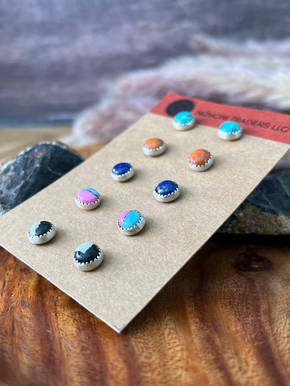 Handmade Sterling Silver Kingman Turquoise, Orange Mojave, Lapis, Cotton Candy, White Buffalo Post Studs Earrings Card Set