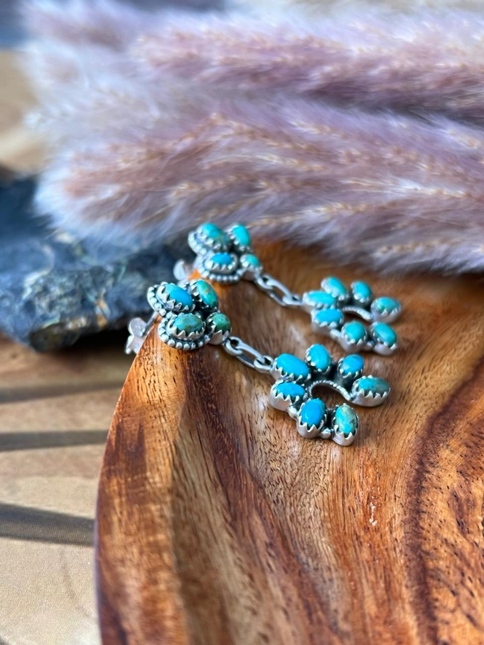 Handmade Sterling Silver Kingman Turquoise Post Dangle Naja Earrings "Signed Nizhoni"
