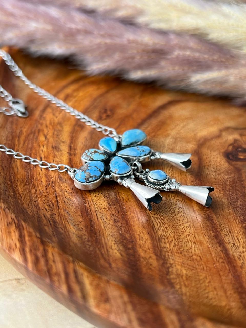 Handmade Sterling Silver Golden Hills Turquoise Squash Blossom Necklace "Signed Nizhoni"