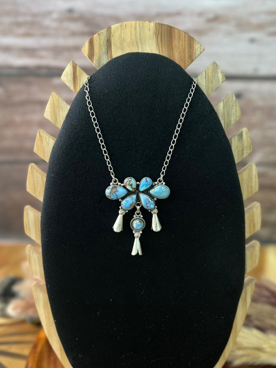 Handmade Sterling Silver Golden Hills Turquoise Squash Blossom Necklace "Signed Nizhoni"