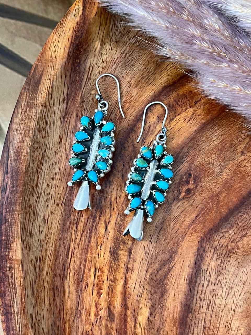 Handmade Sterling Silver Kingman Turquoise Hook Dangle Squash Blossom Earrings "Signed Nizhoni"